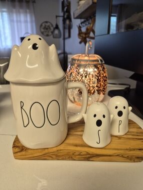 Rae Dunn White 'BOO' Ghost Mug with Matching Ghost Salt & Pepper Shakers